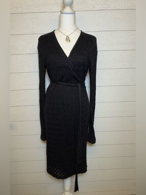 Diane Von Furstenberg Black Long-Sleeve Wrap Dress Size Large